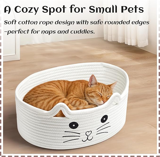 Small Woven Cat Gifts Basket for Storage Empty Cat Toy Bins Organizer with Ribbons and Bags Durable Cute Pet Gifts 12"X 8" X 5" Small Rope Basket for Gifting