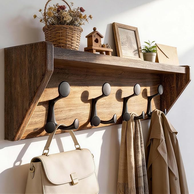 SKOLOO Wall Shelf with Hooks, 24-Inch Weathered Brown Coat Rack Wall Mount with Shelf Organizer - Heavy Duty, 4 Tri Hooks - Perfect for Entryway, Hallway, Living Room, Bedroom, Mudroom