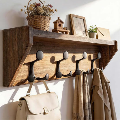 SKOLOO Wall Shelf with Hooks, 24-Inch Weathered Brown Coat Rack Wall Mount with Shelf Organizer - Heavy Duty, 4 Tri Hooks - Perfect for Entryway, Hallway, Living Room, Bedroom, Mudroom