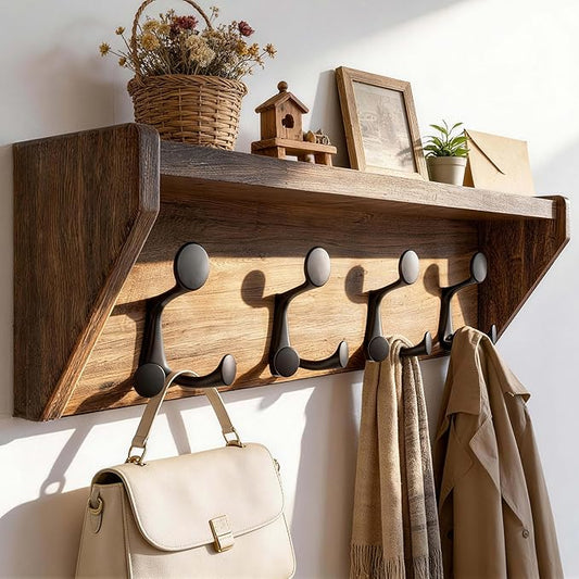 SKOLOO Wall Shelf with Hooks, 24-Inch Weathered Brown Coat Rack Wall Mount with Shelf Organizer - Heavy Duty, 4 Tri Hooks - Perfect for Entryway, Hallway, Living Room, Bedroom, Mudroom