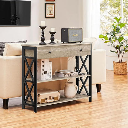 Yaheetech Console Table with Power Outlets and USB Ports, Wooden Entryway Table with Drawer and Open Shelves, Narrow Sofa Tables with Metal Frame for Living Room, Couch, Hallway, Grey