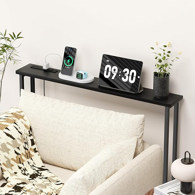 GRLEAF 39" Narrow Console Sofa Table with Built-in Power Strip (2 AC Outlets & 2 USB Ports) – 4.9ft Power Cord, Metal Frame, Easy Assembly, Ideal for Behind Couch, Hallway, and Home Office | Black