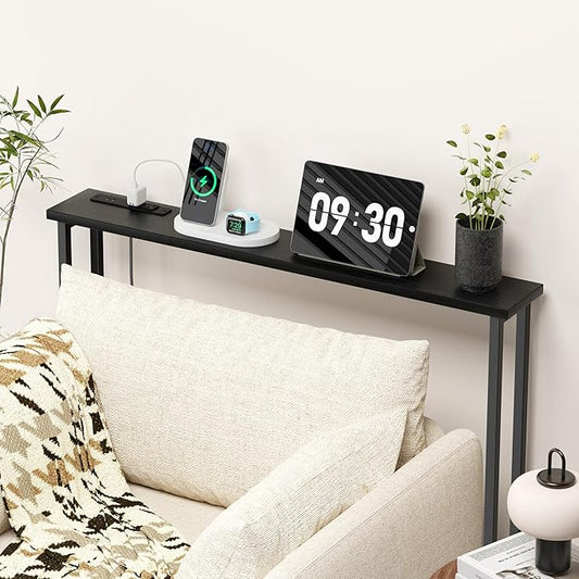 GRLEAF 39" Narrow Console Sofa Table with Built-in Power Strip (2 AC Outlets & 2 USB Ports) – 4.9ft Power Cord, Metal Frame, Easy Assembly, Ideal for Behind Couch, Hallway, and Home Office | Black