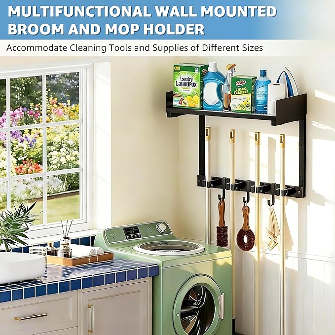 Broom Holder Wall Mount, 15" Large Mop and Broom Organizer Wall Hanging with Top Storage Shelf, Heavy Duty Iron Utility Rack for Laundry Room, Garage, Kitchen, Garden - Black