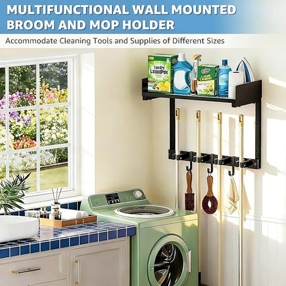 Broom Holder Wall Mount, 15" Large Mop and Broom Organizer Wall Hanging with Top Storage Shelf, Heavy Duty Iron Utility Rack for Laundry Room, Garage, Kitchen, Garden - Black