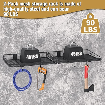 2 Pack Garage Wall Shelf, Garage Wall Mounted Shelving, Heavy Duty Floating Shelves With 4 Hooks, Loads 90 LBS Black Wall Shelves Mesh Storage Rack for Office, Basement, Wall Cabinet and Kitchen