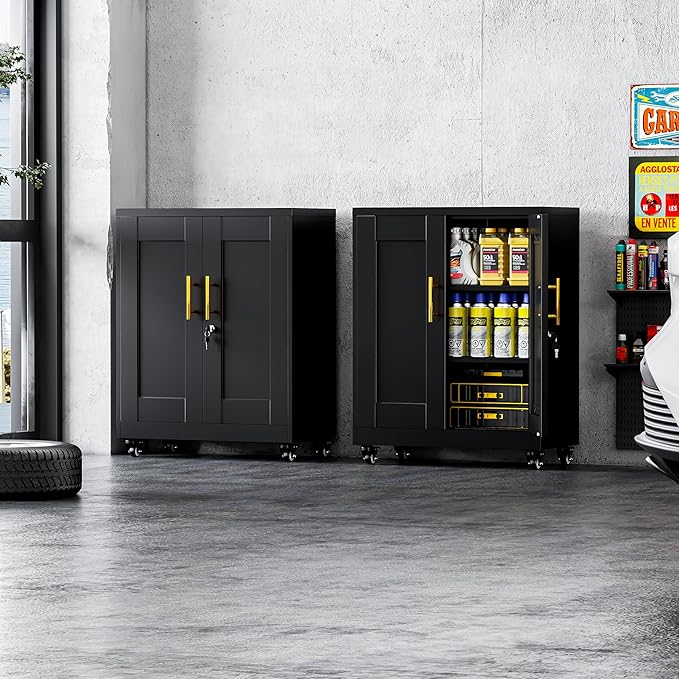 Metal Storage Cabinet with Lock and Wheels, Steel Tool Cabinet with 2 Door and 2 Adjustable Shelves, 35” Tall Lockable File Cabinet, Garage Cabinet, Rolling Cabinet for Home Office - Black