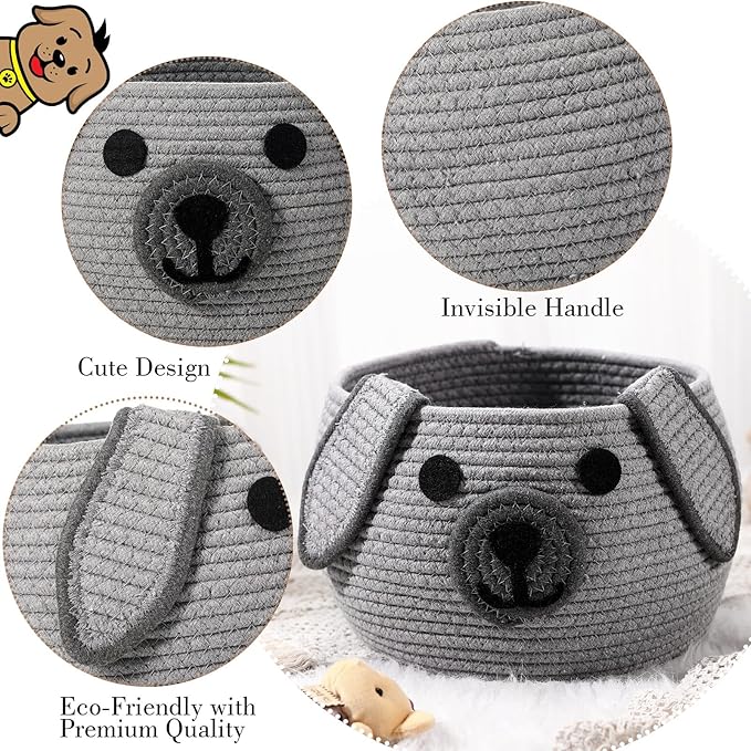 Zopeal Dog Woven Basket Cute Woven Cotton Rope Puppy Animal Storage Basket for Laundry Toy Gift(Gray,13 x 8 Inch)