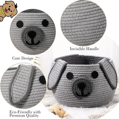Zopeal Dog Woven Basket Cute Woven Cotton Rope Puppy Animal Storage Basket for Laundry Toy Gift(Gray,13 x 8 Inch)