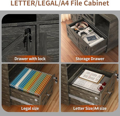 Semoic 2 Drawer Farmhouse File Cabinet with Lock, Mobile Lateral Filing Cabinet for Letter/Legal/A4 Size, Open Storage Adjustable Shelf for Home Office Cabinets, Gray