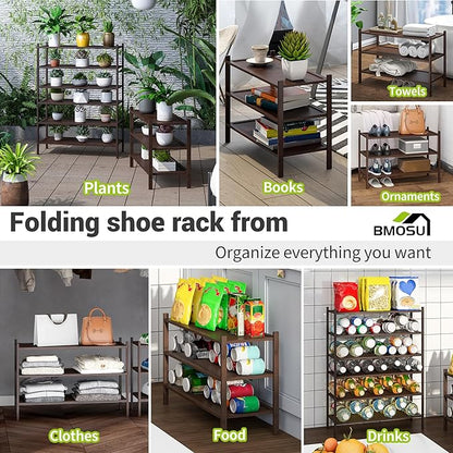 BMOSU 3-Tier Bamboo Shoe Rack Premium Stackable Shoe Shelf Storage Organizer for Hallway Closet Living Room Entryway Organizer(Brown)