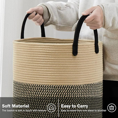 YOUDENOVA Woven Rope Laundry Hamper Basket, 72L Tall Luandry Basket, Baby Nursery Hamper for Blanket Storage, Clothes Hamper for Laundry in Bedroom-Large-Black & Brown