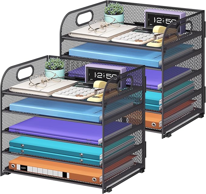 2 Pack 5 Tier Paper Organizer, Letter Tray with Handle, Mesh Desk Organizer, Metal File Organizer, Office Desk Accessories for Home, Office, Classroom, School -Grey