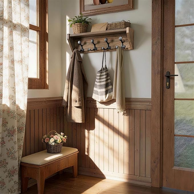 SKOLOO Wall Shelf with Hooks, 24-Inch Weathered Brown Coat Rack Wall Mount with Shelf Organizer - Heavy Duty, 4 Tri Hooks - Perfect for Entryway, Hallway, Living Room, Bedroom, Mudroom
