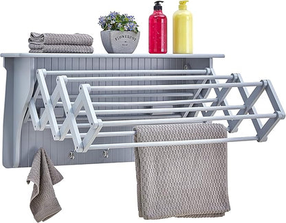 Danya B Accordion Clothes Drying Rack, Retractable, Wall Mounted Towel Rack and Hooks for Clothes and Towels for use in Laundry Room or Garage (Gray)