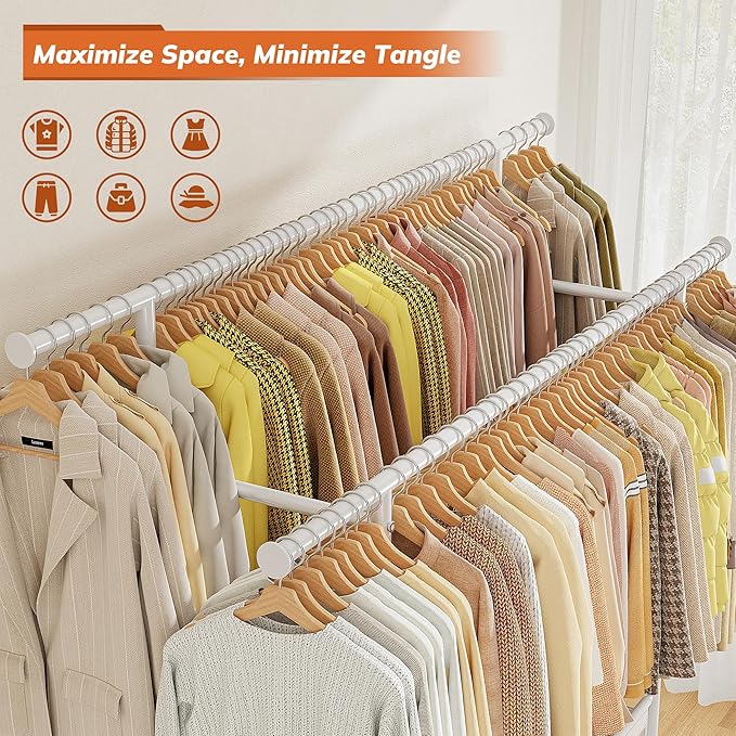 Clothes Rack, Double rods clothing rack, Clothing Racks for hanging clothes, Rolling clothes rack with Storage Basket & Heavy Duty Wheels, garment rack for Bedroom, Laundry Room, White