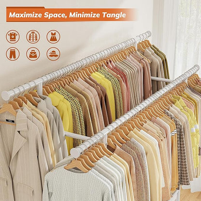 Clothes Rack, Double rods clothing rack, Clothing Racks for hanging clothes, Rolling clothes rack with Storage Basket & Heavy Duty Wheels, garment rack for Bedroom, Laundry Room, White