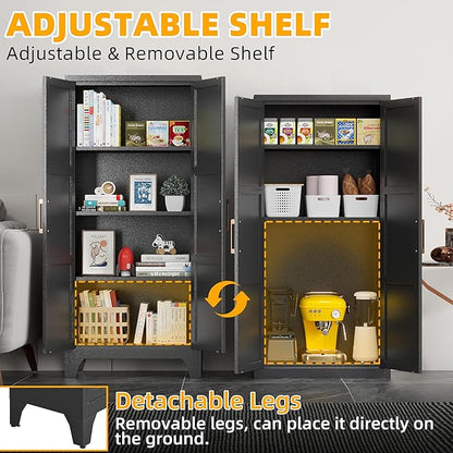 61"H Metal Pantry Cabinet with 2 Doors and 3 Adjustable Shelves,Food Storage Cabinet with Gold Handle for Kitchen,Dinning Room,Home Office,Living Room,Easy Assembly (Black,61"H x13.8"D x27.6"W)