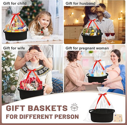Small Woven Black Gifts Basket for Storage Empty with Ribbons and Bags Durable Cute Gifts 12"X 8" X 5" Small Rope Basket for Gifting