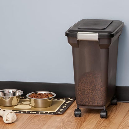 IRIS USA Airtight Dog Food Storage Container, WeatherPro, Up to 22 lbs, Removable Wheels, for Dog Cat Bird and Other Pet Food Storage Bin, Keep Fresh, Made in USA, Smoke