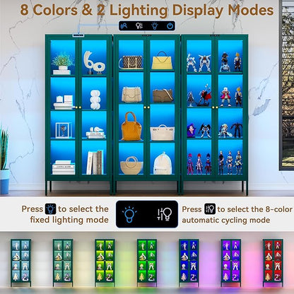 Glass Display Cabinet with Glass Doors, Metal Curio Cabinet with 8-Color LED Lights, 66 Inch Tall Display Case for Collectibles, Green Storage Cabinet for Living Room, Assembly Required