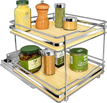 LYNK PROFESSIONAL® Élite™ Pull Out Spice Rack Organizer for Inside Kitchen Cabinets - 10-3/8 inch Wide - Slide Out Drawer – Wood/Chrome Sliding Spice Organization for cabinet - Spice Racks - 2 Tier