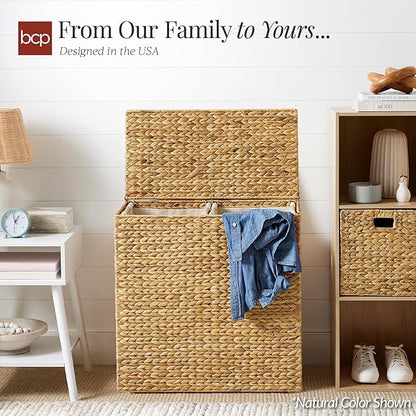 Best Choice Products Large Double Laundry Hamper with Lid, Natural Handwoven Water Hyacinth, 2 Sections w/ 2 Machine Washable Linen Liner Bags, Portable, Handles - Whitewash