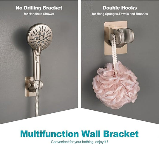 Handheld Shower Head Holder with 2 Hanger Hooks,Strong Adhesive&Waterproof No Drilling Wall Mount Shower Bracket for RV and Kids&Elders,Install Any Height&Fix Firmly,Brushed Nickel
