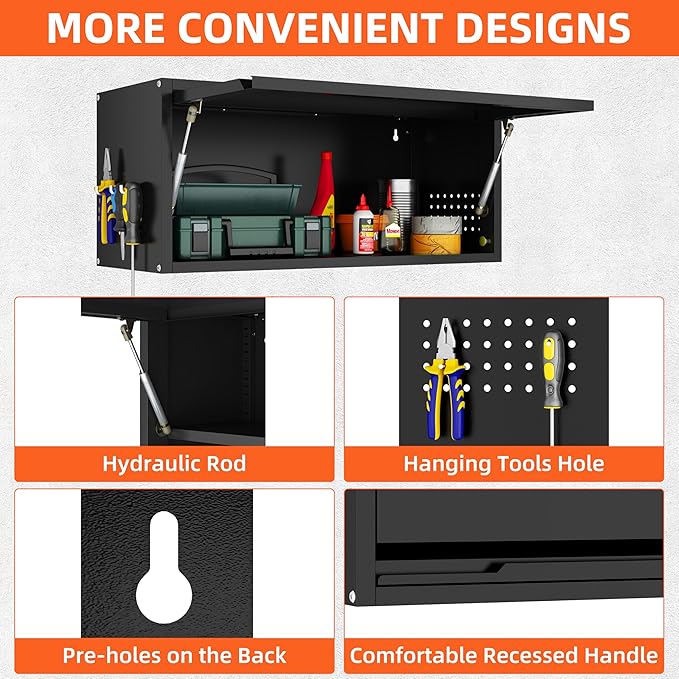 Metal Garage Wall Cabinet, Floating Garage Tool Cabinets with Up-Flip Door,13.8''H Hanging Wall Mounted Storage Cabinet for Garage, Warehouse, Kitchen, Bathroom, Workshop, RV, Black