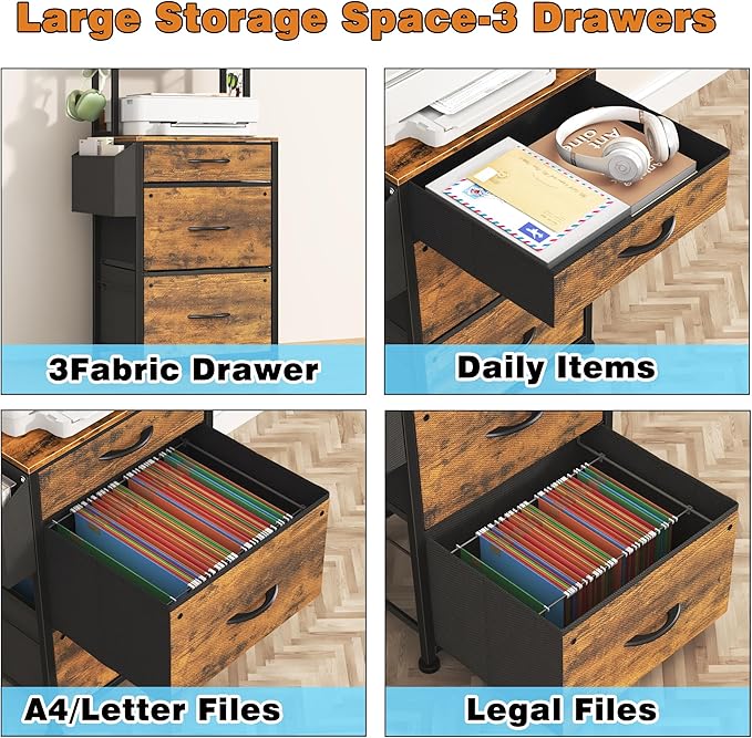 GYIIYUO 3 Drawer Tall 69''H File Cabinet with Charging Station, 4-Tier Filing Cabinet with Adjustable Shelf, Fabric Drawer, Printer Stand for Home Office, Fits A4/Letter/Legal, Rustic Brown
