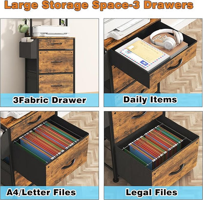 GYIIYUO 3 Drawer Tall 69''H File Cabinet with Charging Station, 4-Tier Filing Cabinet with Adjustable Shelf, Fabric Drawer, Printer Stand for Home Office, Fits A4/Letter/Legal, Rustic Brown