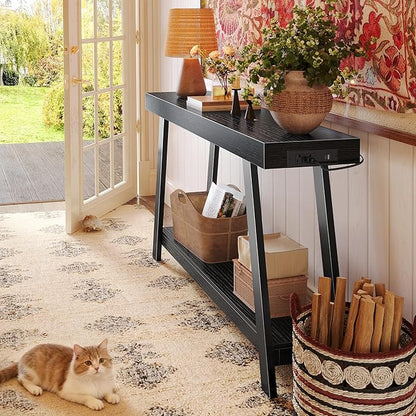 Huuger Console Table with Charging Station, USB-C Port, 2 Tiers Entryway Table, 47.2 Inch Sofa Table with Metal Legs, Entry Hallway Table with Thicker Desktop, Modern Behind Couch Table, Black