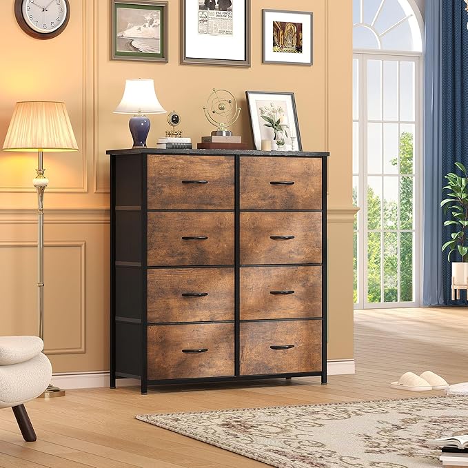 DWVO Fabric Dresser for Room, Rustic Storage 8 Drawers, Dresser & Chest of Drawers, Storage Drawer Organizer for Closet, Living Room