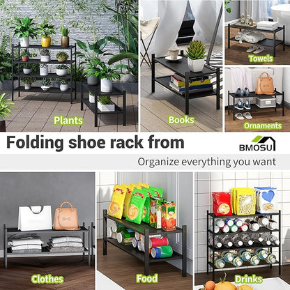 BMOSU 2-Tier Bamboo Shoe Rack Premium Stackable Shoe Shelf Storage Organizer for Hallway Closet Living Room Entryway Organizer(Black)