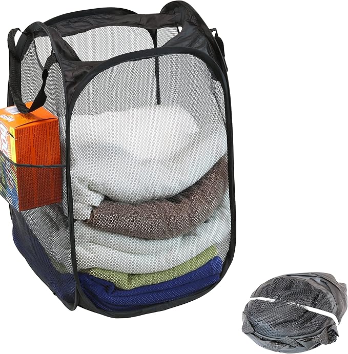 Simple Houseware Mesh Pop-Up Laundry Hamper Basket with Side Pocket, Black