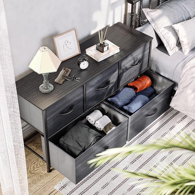 YITAHOME Dresser with 5 Drawers - Fabric Storage Tower, Organizer Unit for Bedroom, Living Room, Closets - Sturdy Steel Frame, Wooden Top (Cool Black Wood Grain)
