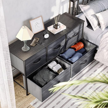 YITAHOME Dresser with 5 Drawers - Fabric Storage Tower, Organizer Unit for Bedroom, Living Room, Closets - Sturdy Steel Frame, Wooden Top (Cool Black Wood Grain)