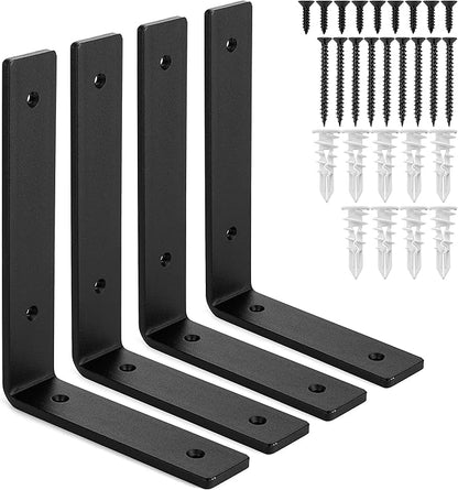 Heavy-Duty Shelf Brackets - Premium Construction Grade 1/4" (6mm) Thick Steel - Matte Black Iron Finish for Modern Farmhouse Rustic Open Shelving w/ Hardware, 4-Pack (L Bracket 8" x 6")