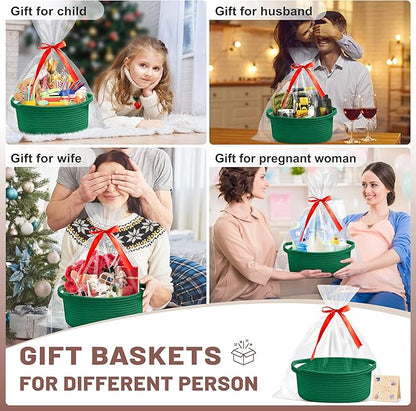 Small Woven Green Gifts Basket for Storage Empty with Ribbons and Bags Durable Cute Gifts 12"X 8" X 5" Small Rope Basket for Gifting