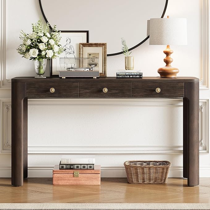 52" Rustic Console Table with Curved Corners for Safety,Entryway Table with 3 Concealed Drawers,Sturdy Sofa Table with Thick Legs for Hallway & Living Room,Espresso