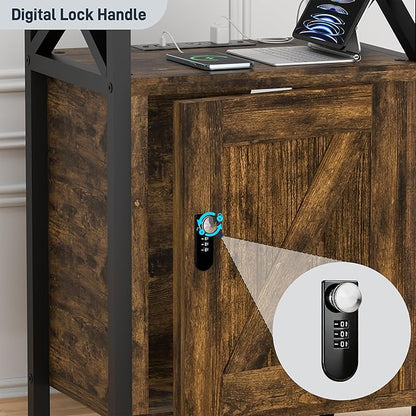 Wooden Nightstand with Lock, Bedside Table with Drawer, Bed Side Table with Charging Station, 3 USB & 2 Outlets, Night Stand with Storage Cabinet, End Table for Bedroom, Brown
