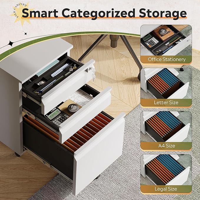 DEVAISE 3-Drawer File Cabinet with Lock & Wheels, White Metal Filing Cabinet for Home Office, Under Desk Storage, Mobile Vertical Organizer Fits Letter/A4 (17" D x15 W x24 H)