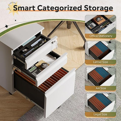 DEVAISE 3-Drawer File Cabinet with Lock & Wheels, White Metal Filing Cabinet for Home Office, Under Desk Storage, Mobile Vertical Organizer Fits Letter/A4 (17" D x15 W x24 H)