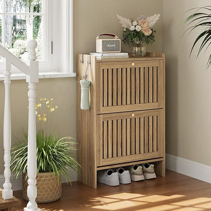 wanan 24" Shoe Cabinet with 2 Flip Slatted Drawers, Adjustable & Removable Panels, Narrow Shoe Cabinet Storage for Entryway, Hallway, Shoe Rack Organizer Cabinet, Light Oak