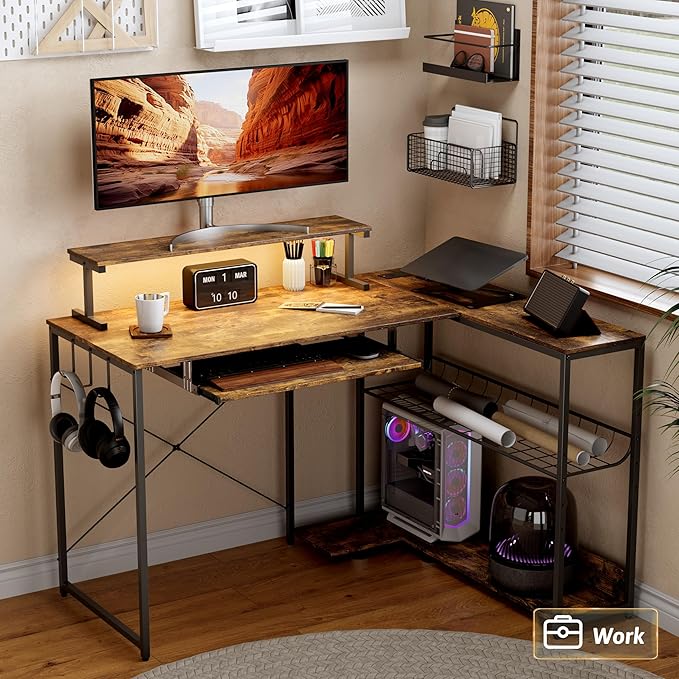 Computer Desk, L Shaped Gaming Desk with Monitor Stand & Storage Shelf & LED Light & USB Power Outlet, Reversible Shelves Corner Table with Keyboard Tray for Gaming, Home Office, Study