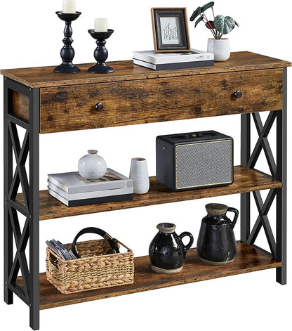Yaheetech Console Table with Drawer, Entryway Table with 3 Tier Storage Shelves, Narrow Long Sofa Tables for Entryway, Living Room, Hallway, Couch, Kitchen, Metal Frame, Rustic Brown