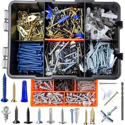 Wensilon(616 pcs) Phillips Truss Head Wood Screws、Self Tapping Screws、Concrete Screws with Drywall Plastic Anchors Assortment Kit