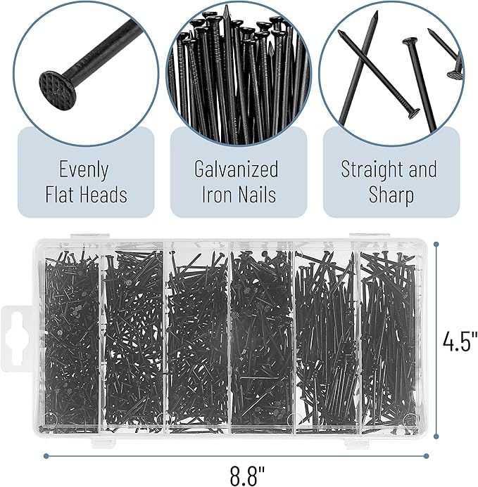 Mr. Pen- Nail Assortment Kit Bulk, 1200 Pcs, 4 Sizes, Black, Small Nails for Hanging Pictures, Finishing Nails, Wall Nails for Hanging, Pin Nails, Hardware Nails, Assorted Nails, Galvanized Nails