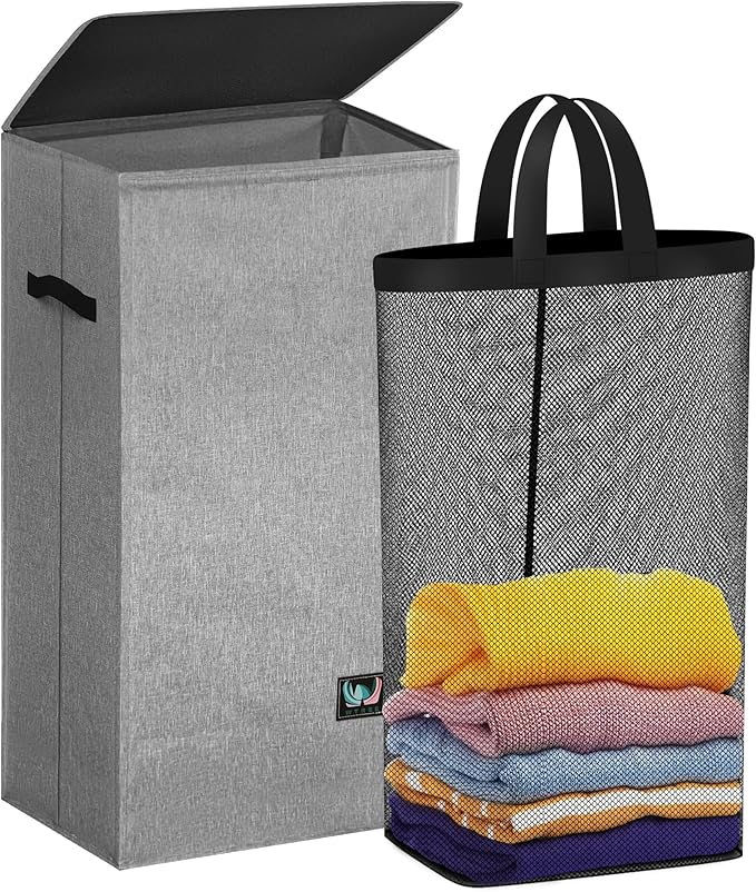 Laundry Hamper with Lid, Reinforced Sturdy Clothes Hamper with Anti-Puncture Base, Large Collapsible Laundry Basket with Removable Liner Bag, Tall Dirty Clothes Bin for Family, 100L Grey