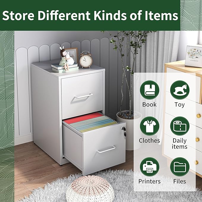 2 Drawer File Cabinet, Vertical File Cabinets with Lock for Home Office,Heavy Duty Office Steel Filing Cabinet for Hanging Letters/Legal/A4, Assembly Required (White)